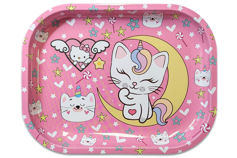 Unicorn Cat Rolling Tray 18 x 14 cm – pinkes Metalltablett mit Einhorn-Katze und Sternenmotiv