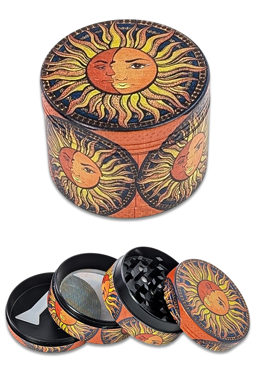 Sonne Mond Grinder Ø50 mm – 4-teilig aus Metall, orangenes Design mit Sieb & Schaber