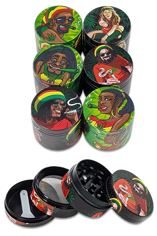 Reggae Grinder Collection Ø40 mm – 4-teilige Metall Grinder mit Sieb & Schaber, bunte Motive im Set