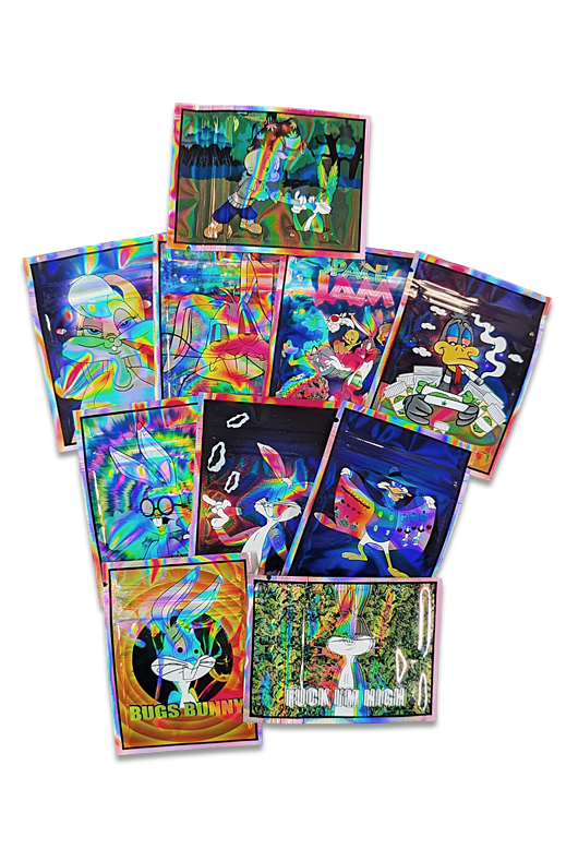 Bunte Cali Bags mit Cartoon-Motiven, Rückseite mit Sichtfenster, 6 × 8 cm