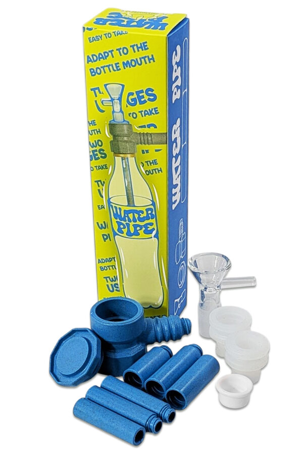 Zerlegter Festival-Bong-Aufsatz aus Hanfkunststoff mit allen Einzelteilen, Glaskopf, Keramikeinsatz und Dichtungen.