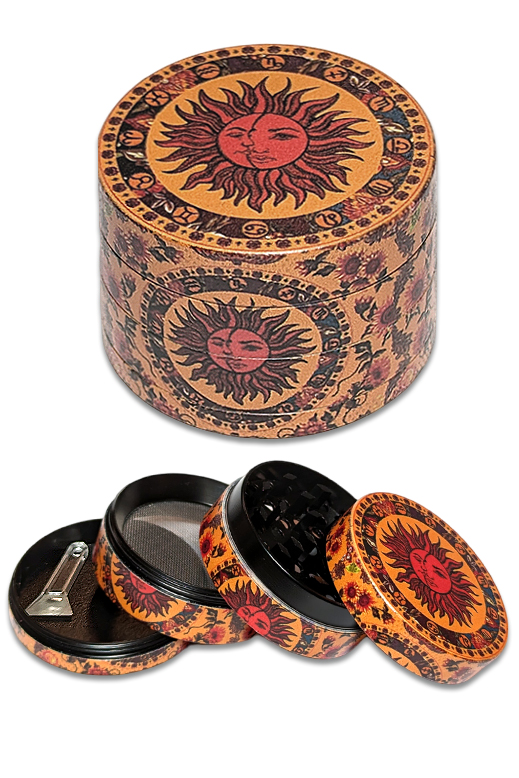 Metall-Grinder 50 mm 4-teilig mit Sonnen- und Sternzeichenmotiv