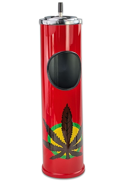 Roter Standaschenbecher mit Hanfblatt-Motiv und integriertem Mülleimer – Metall-Drehaschenbecher für Innen und Außen