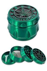 Metallic-grüner Amsterdam Grinder aus Zink, 4-teilig mit Pollensieb und Schaber