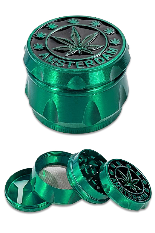 Metallic-grüner Amsterdam Grinder aus Zink, 4-teilig mit Pollensieb und Schaber