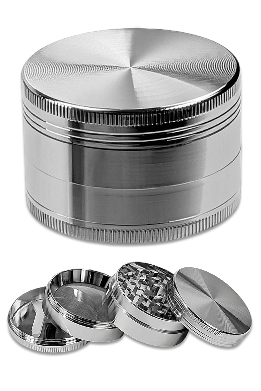 Silberner Zink Grinder 4-teilig mit Pollensieb und 51 mm Durchmesser