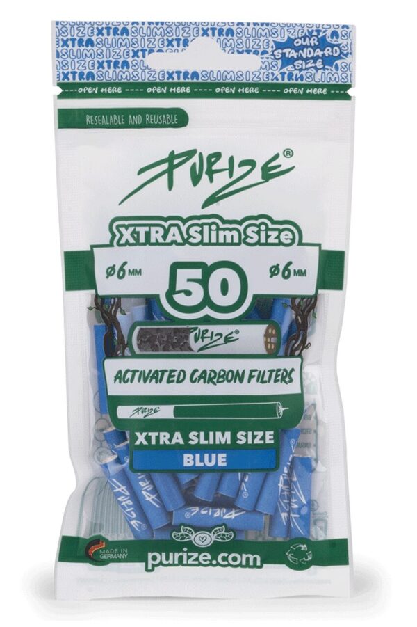 PURIZE® XTRA Slim Blau Aktivkohlefilter – 50er-Pack Vorderseite