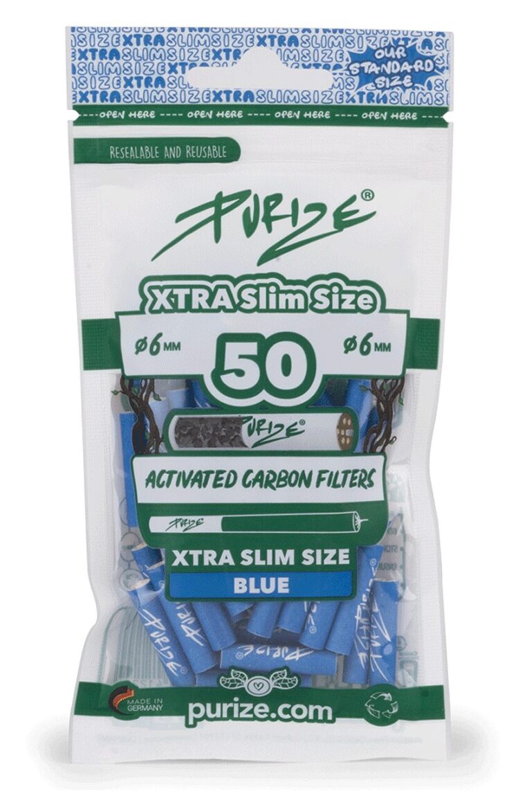 PURIZE® XTRA Slim Blau Aktivkohlefilter – 50er-Pack Vorderseite