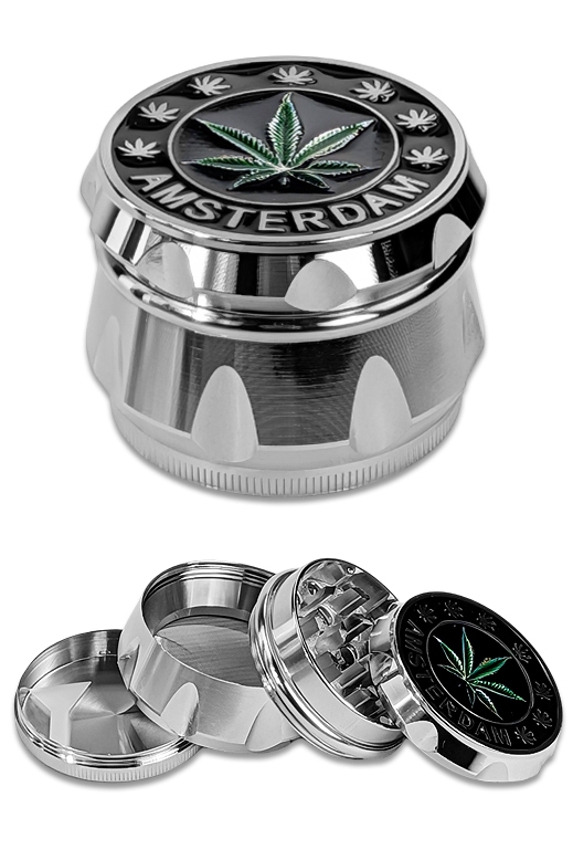 Silberner Amsterdam Grinder aus Zink, vierteilig mit feinmaschigem Sieb und Schaber