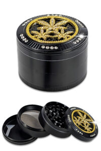 Bling Bling Grinder Ø62 mm mit Hanfblatt in Schwarz Gold