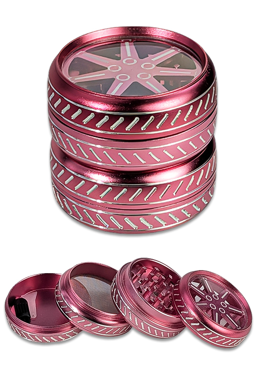 Double Wheel Grinder pink metallic mit Sichtfenster und 4-teiligem Aufbau