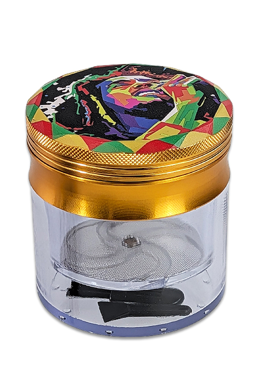 Alu Grinder mit Bob-Marley-Deckel, Kunststoff-Auffangbehälter und einhängbarem Sieb
