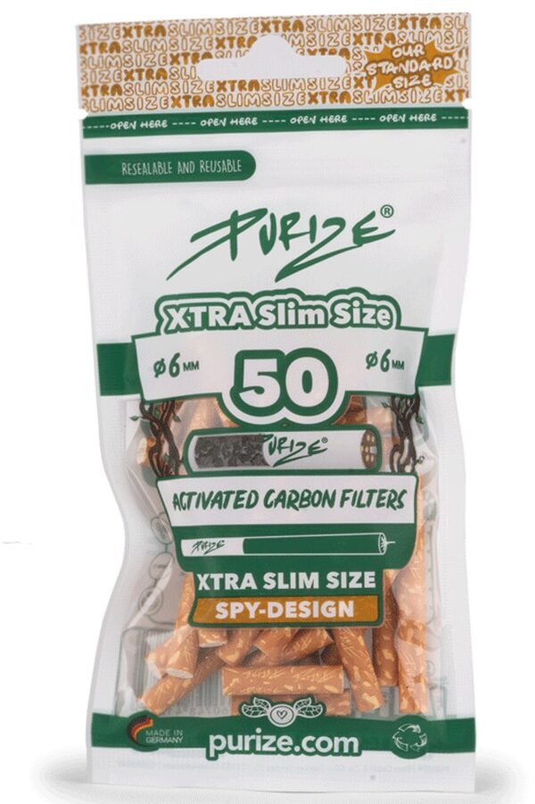 PURIZE® XTRA Slim Aktivkohlefilter im Spy-Design – 50 Stück Verpackung Vorderseite