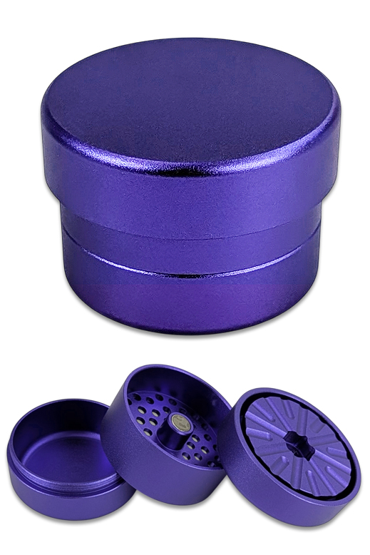 Zahnloser Zink-Grinder in lila Metallic, dreiteilig mit Magnetdeckel und Schaber