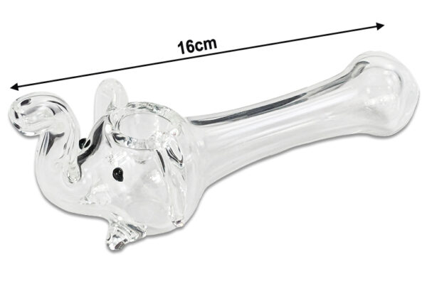 16cm Spoonpipe Glaspfeife Elefant – Kickloch am Rüssel 3 Maßangabe der Spoonpipe-Glaspfeife Elefant: 16 cm Länge
