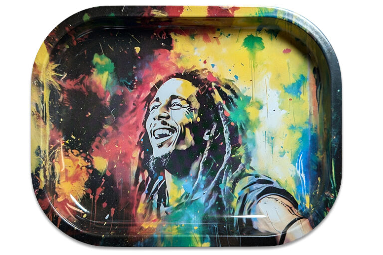 Rolling Tray „Color Splash Vibes“ aus Metall, Portrait-Motiv in bunten Farbspritzern, 18 × 14 cm, einseitig bedruckt