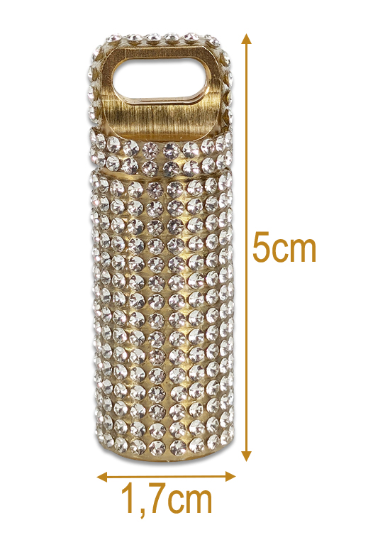 5cm Snuff Schlüsselanhänger „Bling Capsule“ – Messing – ca. 2,60ml 2 Maße vom Snuff Schlüsselanhänger aus Messing mit Strass: 5 cm Höhe, 1,7 cm Außendurchmesser