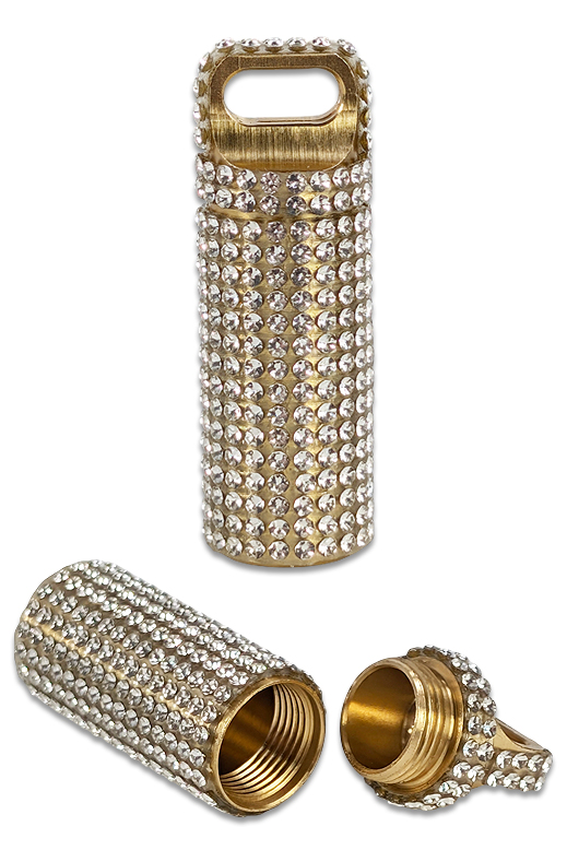 Wasserdichter Snuff Schlüsselanhänger aus Messing mit Strass, 5 cm hoch, 1,7 cm Ø, ca. 2,60 ml