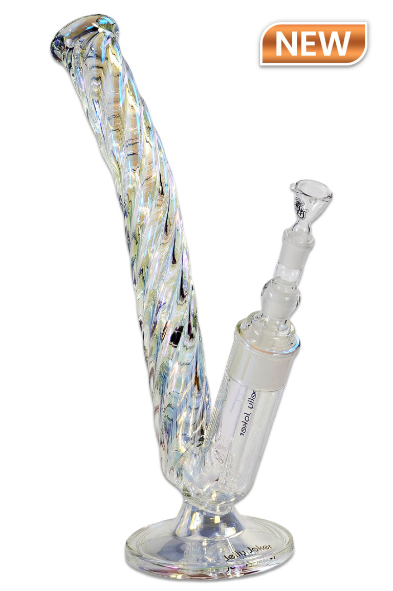 Twisted Saxophone Bong vor weißem Hintergrund, 44cm, Rainbow-Beschichtung, 5mm Borosilikatglas, zerlegbar, 45 auf 18,8mm Schliff