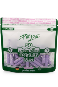 PURIZE® Regular Size Aktivkohlefilter in Flieder (Lilac) – 50 Stück, 9 mm, Zip-Lock-Beutel