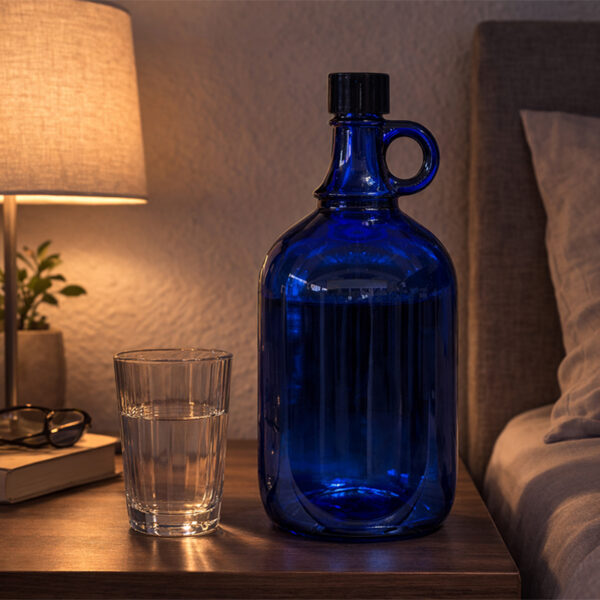 2l Glasballon blau – Glasflasche mit Griff & Schraubverschluss – 27cm 2 3l Glasballon blau mit Wasser auf Nachttisch neben Glas zum Eingießen