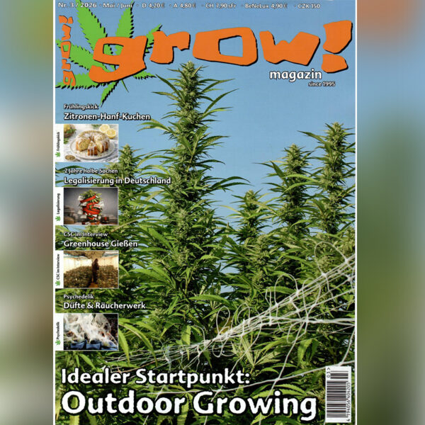 Grow Magazin Nr.3/2026 Cover mit Outdoor Growing Thema und Cannabis Pflanzen