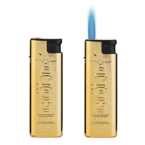 Gold Feuerzeug im Goldbarren-Design offen und mit blauer Flamme