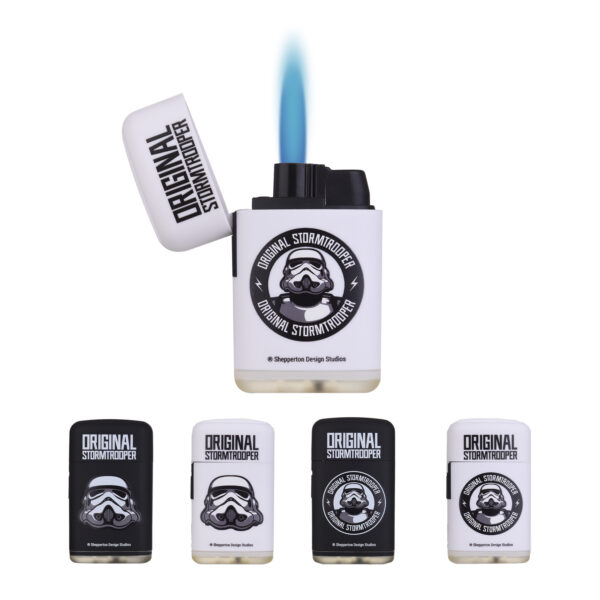 Stormtrooper Jetflame Feuerzeug offen mit blauer Flamme und vier Motiven in Schwarz und Weiß