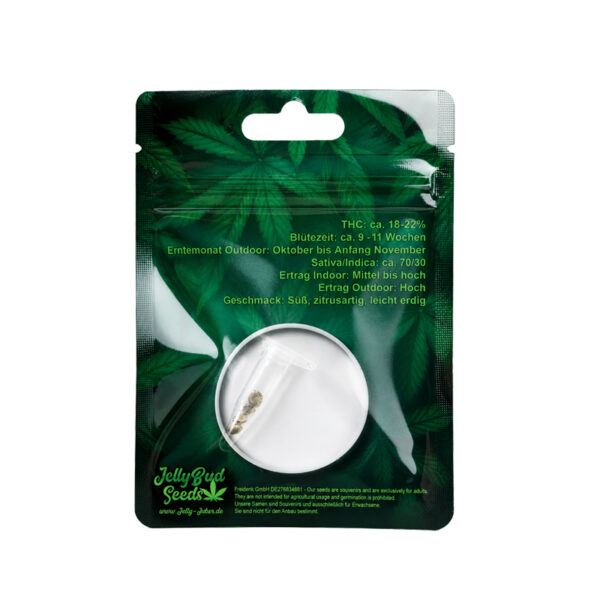 Amnesia Haze Samen Rückseite von Jelly Bud Seeds – feminisierte Cannabis Samen mit Sorteninformationen
