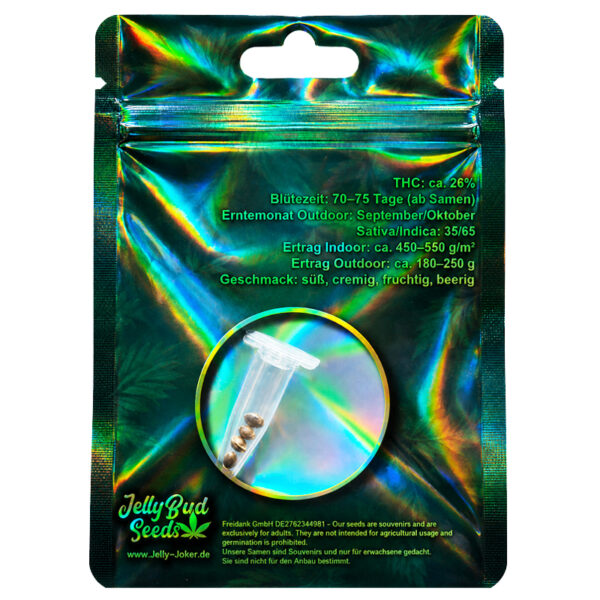 Cannabis Samen "Wedding Cake Auto" fem. – ca. 26% THC – 35/65 Sativa/Indica 8 Cannabis Samen Wedding Cake Auto Rückseite der Verpackung