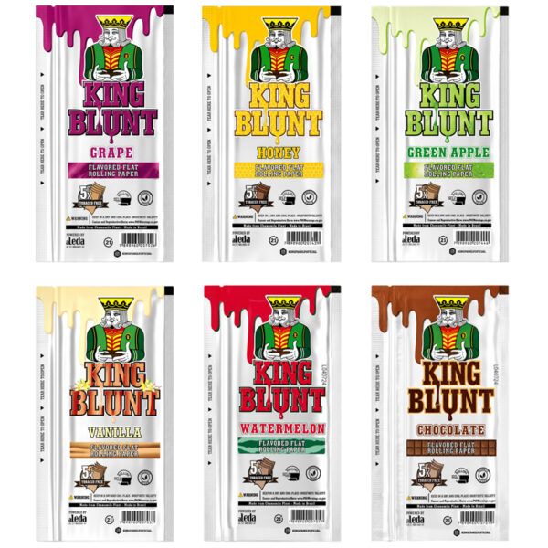 King Blunt Blunts aromatisiert – Tabakfreie Blunt Wraps in 7 Sorten 1 King Blunt Blunts Gruppenbild mit aromatisierten tabakfreien Blunt Wraps in den Sorten Traube, Honig, Grüner Apfel, Vanille, Wassermelone und Schokolade