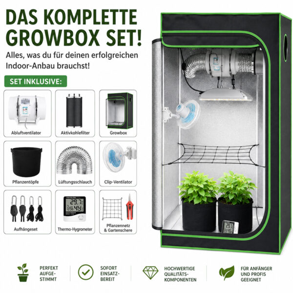 Growbox Komplettset 420LED® TIPI – 80×80×180cm – 250W LED – Komplett ausgestattet 2 Lieferumfang des Growbox Komplettsets 420LED® TIPI