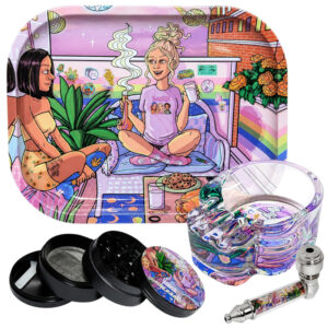 Kiffer Geschenkset mit Zink Grinder, Rolling Tray, Glasaschenbecher und Handpfeife im Geschenkkarton.