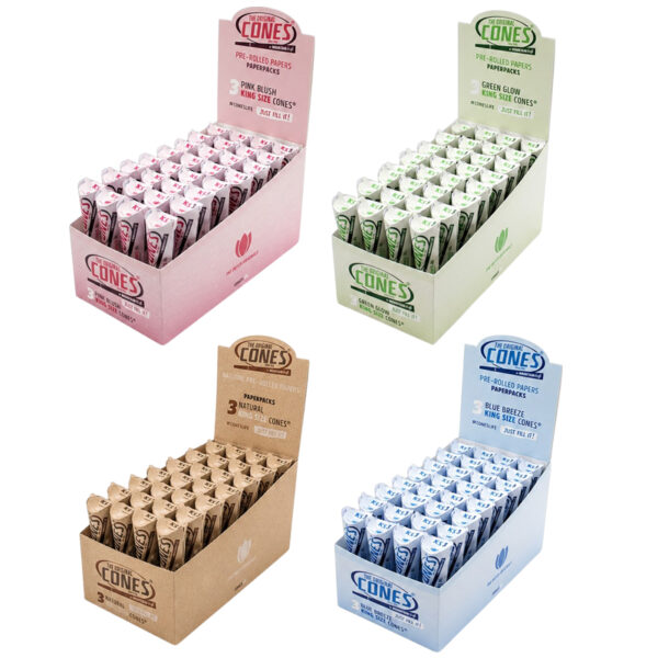 King Size Cones Verkaufsdisplay – 109mm vorgedrehte Cones mit Filter in vier Farbvarianten