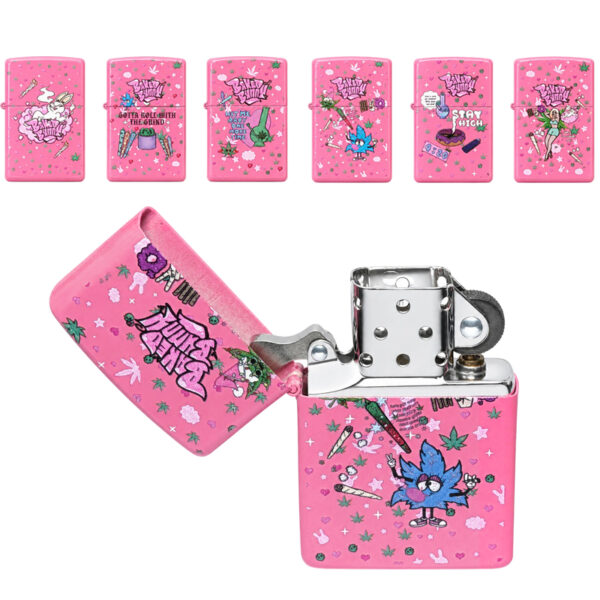 Baked Bunny Sturmfeuerzeug in Pink mit verschiedenen Motiven und geöffnetem Feuerzeug