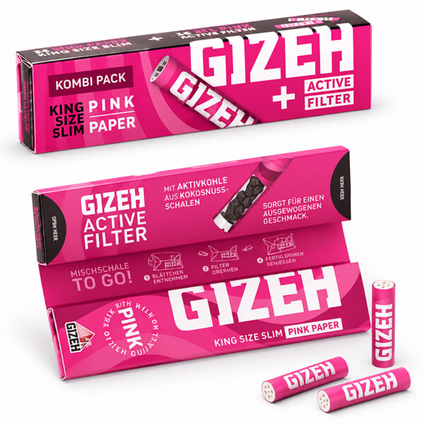 GIZEH ALL PINK King Size Slim + Active Filters – 34 Papers + 16 Filter 1 GIZEH ALL PINK King Size Slim mit 16 Active Filters