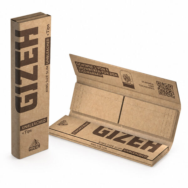 GIZEH Unbleached King Size Blättchen mit Filter Tips – 34 Papers + 34 Tips 1 GIZEH Unbleached King Size Slim Blättchen mit Filter Tips in ungebleichter brauner Verpackung
