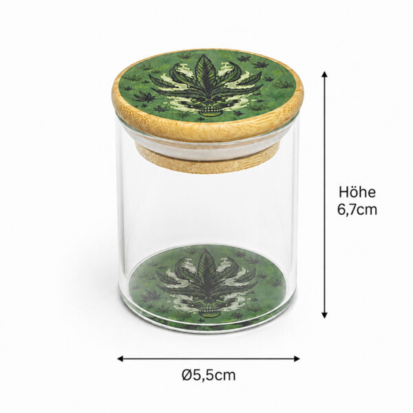 Geruchsdichte Glasdose mit Maßen – 6,7cm hoch und Ø5,5cm