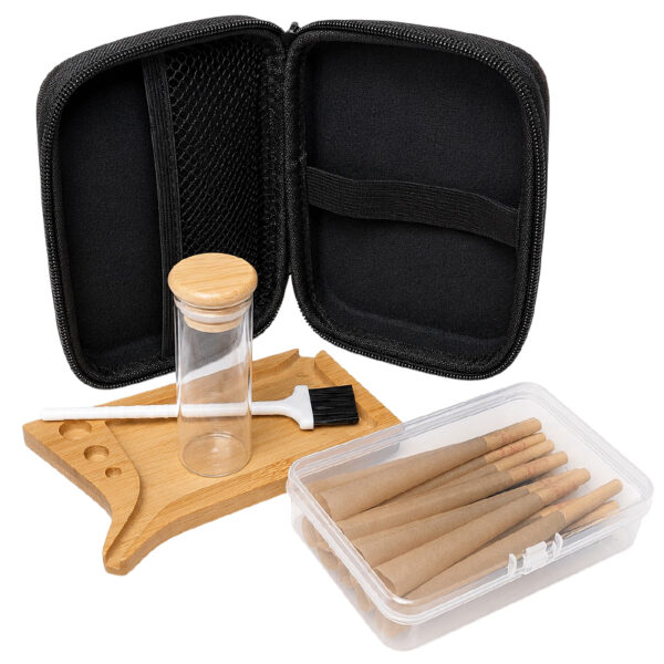 Rolling Kit mit Bambus-Tray, Glas, Cones und Reißverschlusstasche