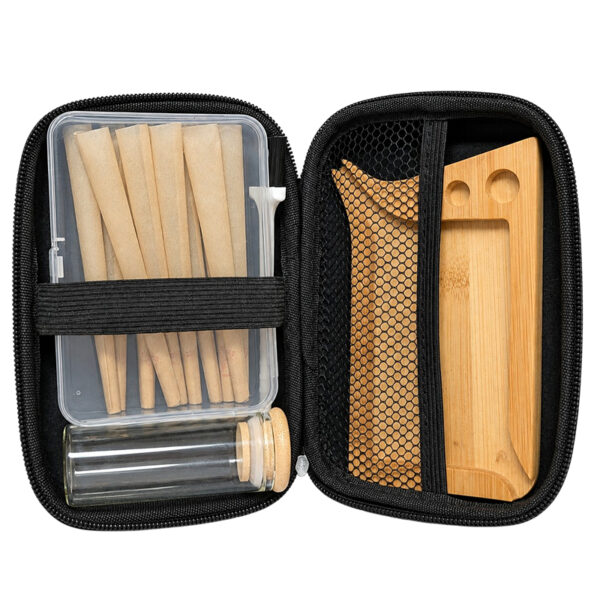 Rolling Kit in Tasche mit Bambus-Tray, Glas und Cones