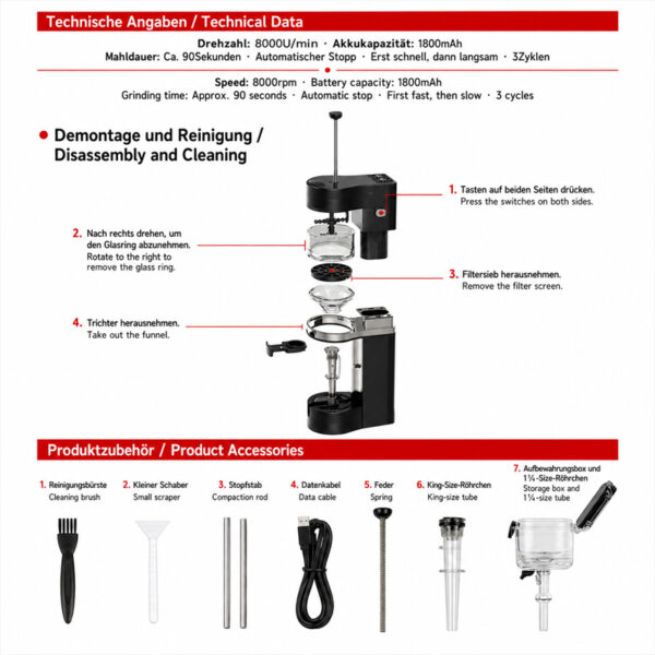 Automatischer Cone Filler mit Grinder – technische Daten, Reinigung und Zubehör