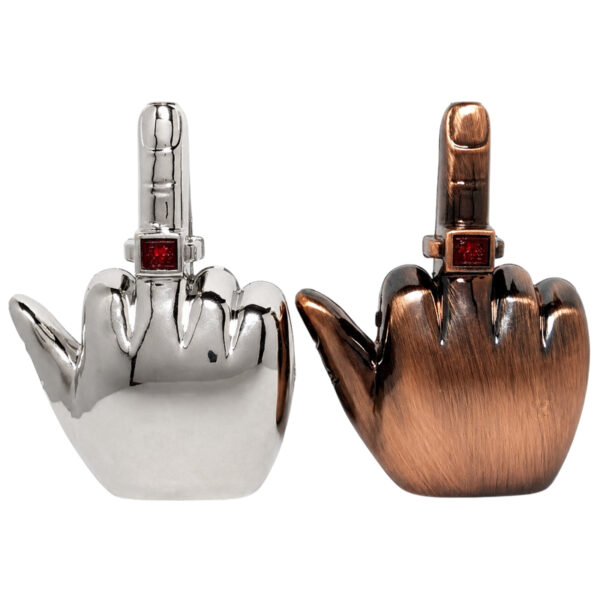 Fuck You Feuerzeug im Mittelfinger-Design von hinten in Silber- und Kupferoptik