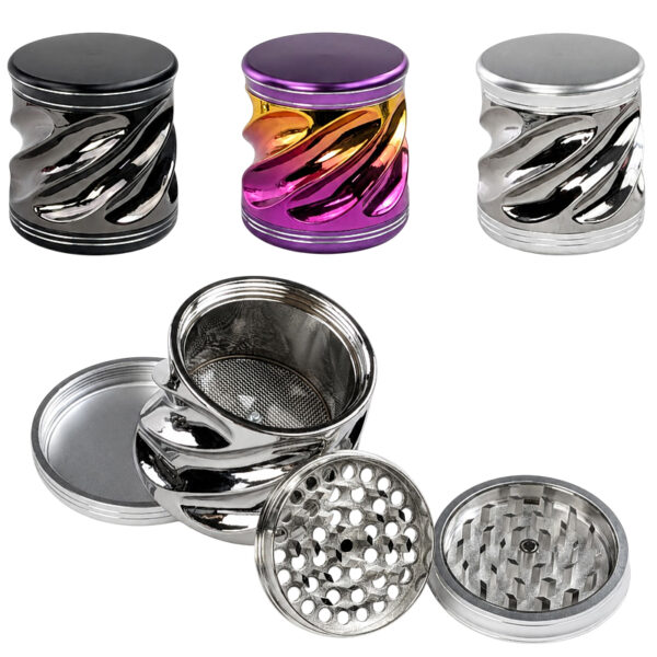 Grinder mit Spiral-Design 4-teilig in verschiedenen Farben mit geöffnetem Mahlwerk
