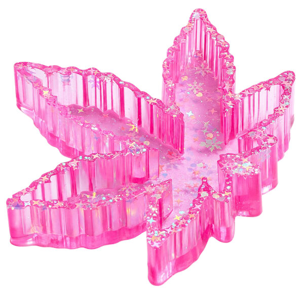 Pinker Aschenbecher in Hanfblattform – Mit Glitzer – 14,3×12,5cm 1 Pinker Aschenbecher in Hanfblattform aus Resin mit Glitzer