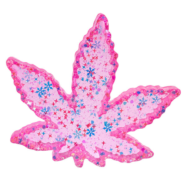 Pinker Aschenbecher in Hanfblattform – Mit Glitzer – 14,3×12,5cm 2 Pinker Aschenbecher in Hanfblattform aus Resin – Frontansicht