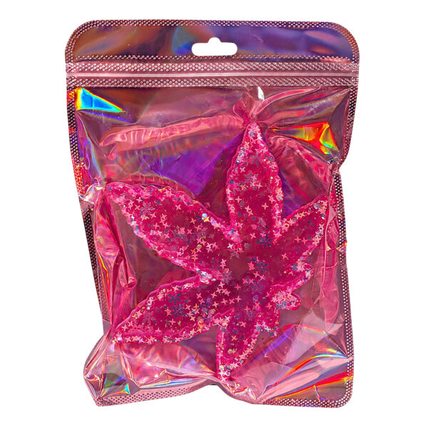 Pinker Aschenbecher in Hanfblattform – Mit Glitzer – 14,3×12,5cm 3 Pinker Aschenbecher in Hanfblattform aus Resin – In Verpackung