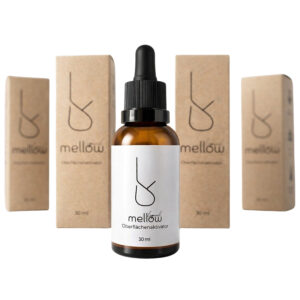 Mellow Liquid 30ml Wasser-Additiv mit mehreren Verpackungen im Hintergrund