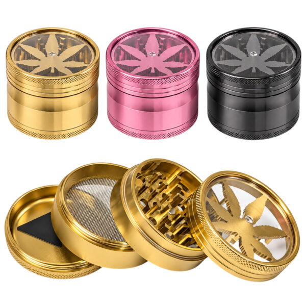 Grinder mit Cannabisblatt-Motiv in Gold, Pink und Schwarz, 63mm, mit zerlegtem 4-teiligem Grinder