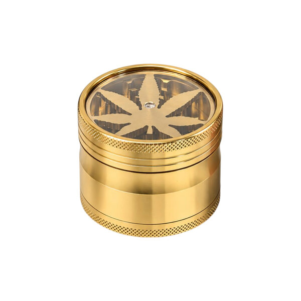 Goldener Grinder mit Cannabisblatt-Motiv aus Aluminium, 4-teilig, Durchmesser 63mm