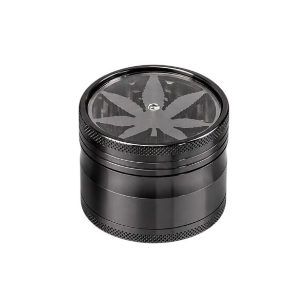 4-teiliger Grinder mit Cannabisblatt-Motiv aus Aluminium, 63mm Durchmesser, in Schwarz